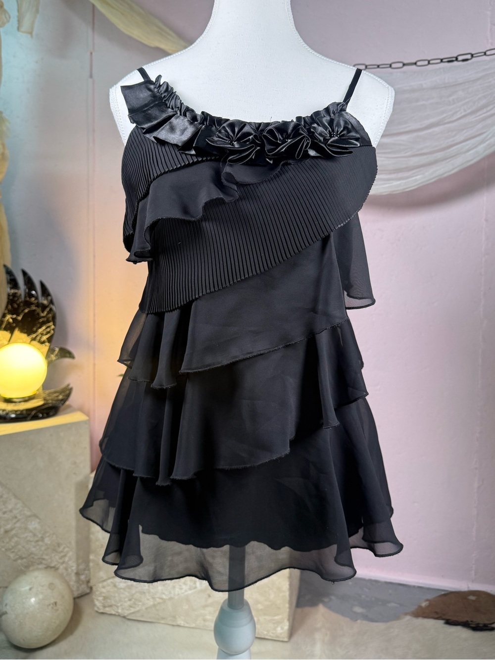 Y2K Black Ruffle Chiffon Babydoll Cami Small